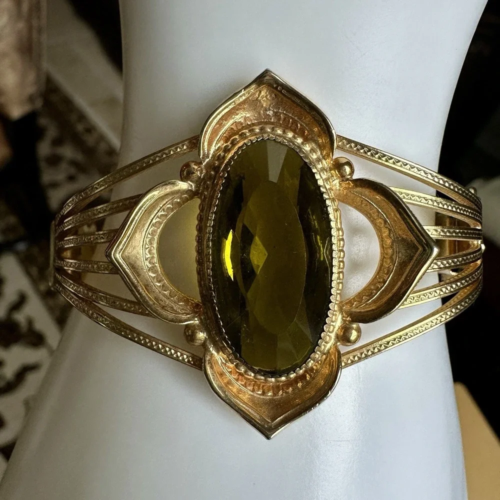 VTG Art Deco‎ Whiting Davis Bracelet 6 Inch Signed Green Glass Gold Plated Rare